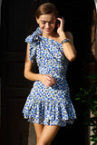 One Shoulder Ribbon Floral Print Ruffle Hem Mini Dresses-Blue