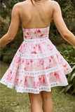 Strapless Floral Print Lace Patchwork A-Line Mini Dresses-Pink