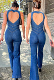 Irregular Neck Sleeveless Slim Heart Shape Cutout Zipper Denim Jumpsuits