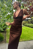 Sleeveless Cowl Neckline Ruched Backless Maxi Dresses-Brown Pre Order