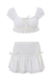 Puff Sleeve Ruffled Crop Top Bow Decor Low-Rise Mini Skirt Matching Set-White