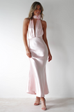 Halter Neck Slim Fit Fishtail Hem Backless Maxi Dresses-Pink