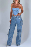 Denim Strapless Irregular Crop Corset Pockets Straight Leg Cargo Jeans Matching Set-Blue