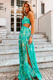 Halter Twisted Cutout Floral Print High Slit Maxi Dresses-Green Pre Order