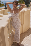 Floral Embroidery Bodycon Spaghetti Strap Maxi Dresses-White