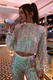 Sparking Sequin Lantern Sleeve Crop Top Flared Pants Matching Set-White