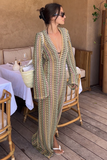 Crochet Abstract Striped Pattern Deep V Neck Flare Sleeve Slit Maxi Dresses-Green