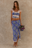 Lace Patchwork Crop Top Floral Print Midi Skirt Matching Set-Blue