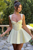 Ruffle Sweetheart Neck Lace Up A-Line Mini Dresses-Yellow