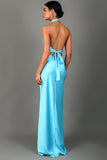 Plunging Cowl Neck Rhinestone Backless Lace Up Maxi Dresses-Blue