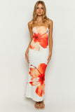 Floral Print Strapless Slim-Fit Vacation Maxi Dresses-White