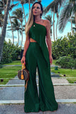 One Shoulder Irregular Hem Satin Top Wide Leg Pants Matching Set