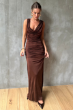 Sleeveless Cowl Neckline Ruched Backless Maxi Dresses-Brown Pre Order