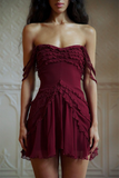 Ruffled Trim Dropped Shoulder A-Line Mini Dresses-Burgundy