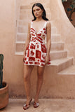 Notched V Neck Cutout Print A-Line Sleeveless Mini Dresses-Red Pre Order