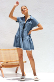 Denim Turndown Collar Short Sleeve Pocket A-Line Loose Fit Blouse Mini Dresses-Blue