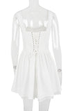 A-line White Boat Neck Tied Up Cami Backless Lace Up Pleated Embroidery Hem Mini Dresses