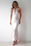 Halter Neck Slim Fit Fishtail Hem Backless Maxi Dresses-Pink