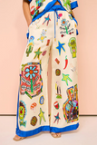 Doodle Print Short Sleeve Blouse Colorblock Wide Leg Pants Matching Set-Beige