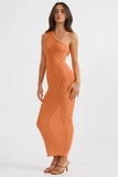 One Shoulder Hollow Out Knit Sleeveless Slim-Fit Maxi Dresses-Orange