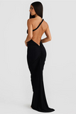 Rope Halter Open Back Bodycon Fishtail Hem Maxi Dresses-Green