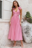 Deep V Neck Petal Decor Lace Up Backless A-Line Midi Dresses-Pink