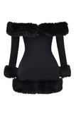 Off Shoulder Long Sleeve Faux Fur Cuff Trim Cocktail Party Bodycon Mini Dresses-Black