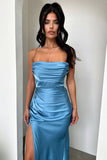 Ruched Strapless Boat Neck Bodycon High Slit Gowns Maxi Dresses