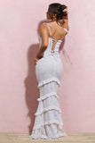 Ruffle Floral Embroidery Hollow Fishtail Maxi Slip Dresses-White