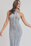 Halter Backless Scratch Knit See-Through Slim-Fit Midi Dresses-Blue