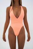 Deep V Neck Crossover Backless Tie Up One-Piece Swimsuit-Orange