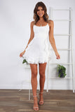 White Boat Neck Jacquard Ruffle Hem Slim A-line Slip Mini Dresses