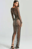 Mesh Rhinestone See-Through Long Sleeve Slim Fit Slit Cover Ups Party Maxi Dresses - Brown