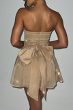 Boat Neck Strapless A-Line Back Bow Sparkling Mini Dresses-Gold