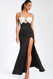 Colorblock Bow High Slit Satin Slip Maxi Dresses-Black