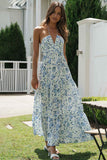 V Neck Halter Floral Print Ruffle Hem Vacation Maxi Dress