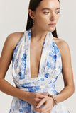 Allover Print Halter Backless Cinch Waist Mini Dresses-Blue Pre Order