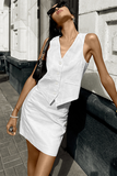 V Neck Waistcoat Solid Color Slim Fit Mini Skirt Matching Set-White