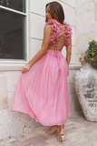 Deep V Neck Petal Decor Lace Up Backless A-Line Midi Dresses-Pink