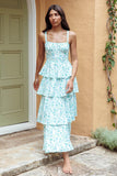 Floral Print Square Neck Straps Back Ribbon Cut Out Tiered Wedding Guest Maxi Dresses-Blue