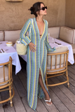 Crochet Abstract Striped Pattern Deep V Neck Flare Sleeve Slit Maxi Dresses-Green