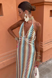 Halter V Neck Backless Boho Pattern Knit Slim-Fit Vacation Maxi Dresses-Beige