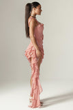 Square Neck Tiered Ruffle Sash Party Asymmetric Mini Dresses-Pink