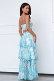 Ruched Sweetheart Neck Sleeveless Crop Top Ruffled Trim Maxi Skirt Pattern Print Matching Set