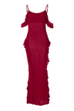 Dropped Shoulder Slim Fit Ruffled Slip Maxi Dresses-Red