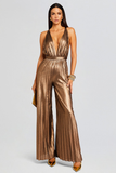 Deep V Neck Backless Pleated Wide Leg Bronzing Jumpsuit-Gold