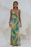 Strapless Cutout Floral Print Maxi Dresses-Green