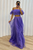 Off Shoulder Crop Top Irregular Tulle Maxi Skirt Evening Gown Matching Set