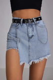 Denim High Waist Raw Edge Irregular Skort-Blue