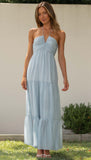 Halter Sleeveless Backless Tiered Pleated Flowy Vacation Maxi Dress